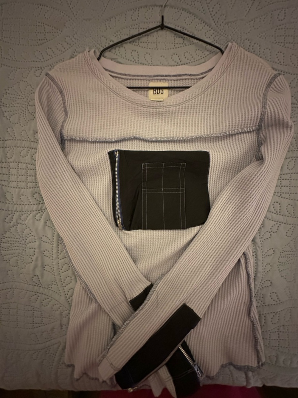 BDG Lilac Waffle-Knit Crew with Black Zip Pocket Panel